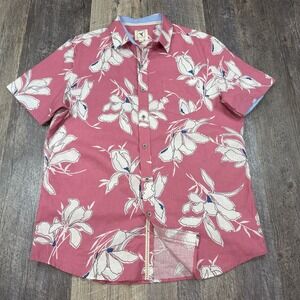 Natural Blue Visitor Mens Linen Blend Button Up Shirt Pink Floral Hawaiian L